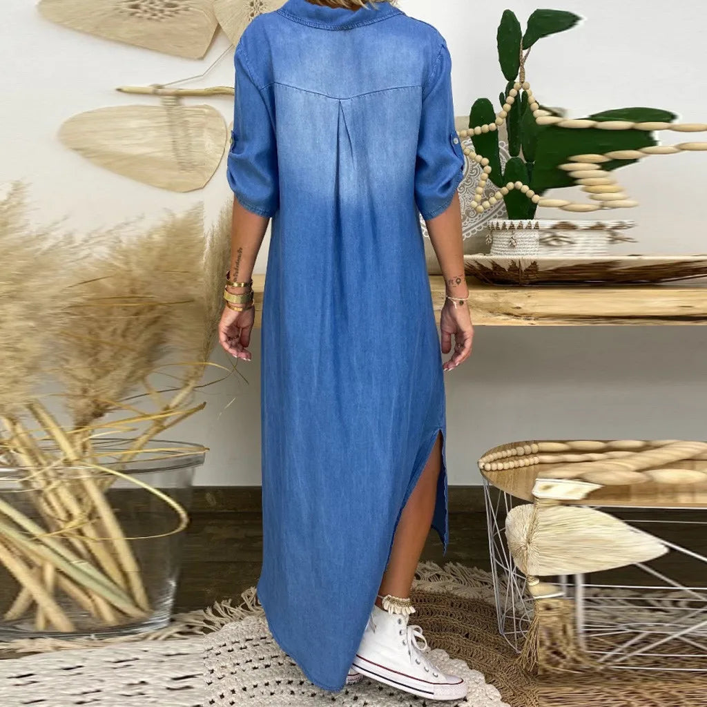 Leviana™ | Robe en denim longue avec fentes latérales