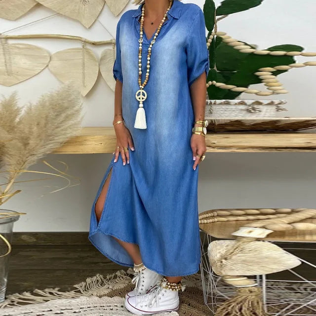 Leviana™ | Robe en denim longue avec fentes latérales