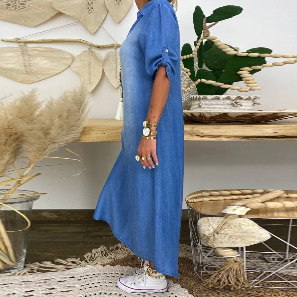 Leviana™ | Robe en denim longue avec fentes latérales