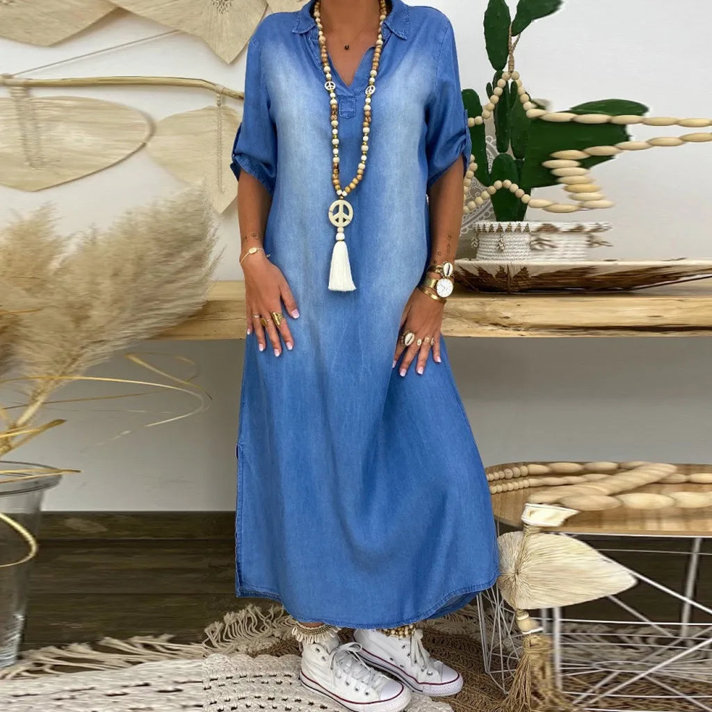 Leviana™ | Robe en denim longue avec fentes latérales
