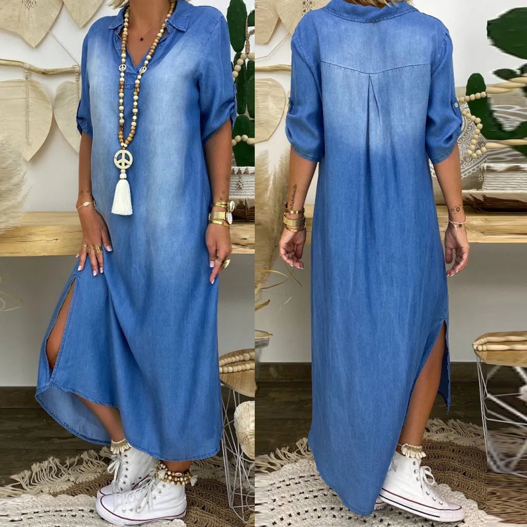 Leviana™ | Robe en denim longue avec fentes latérales