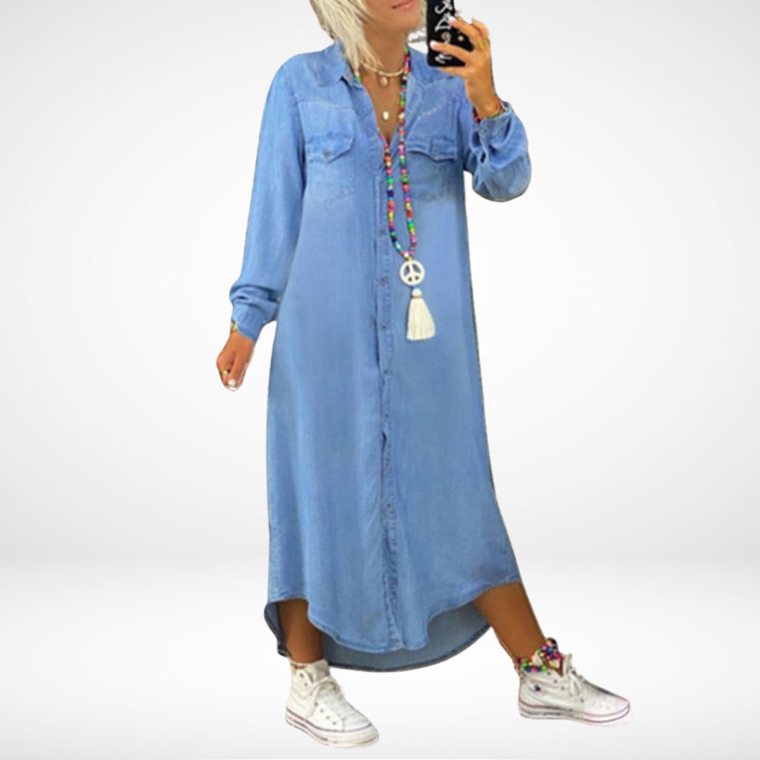 Leviana™ | Robe Maxi à Manches Longues en Denim