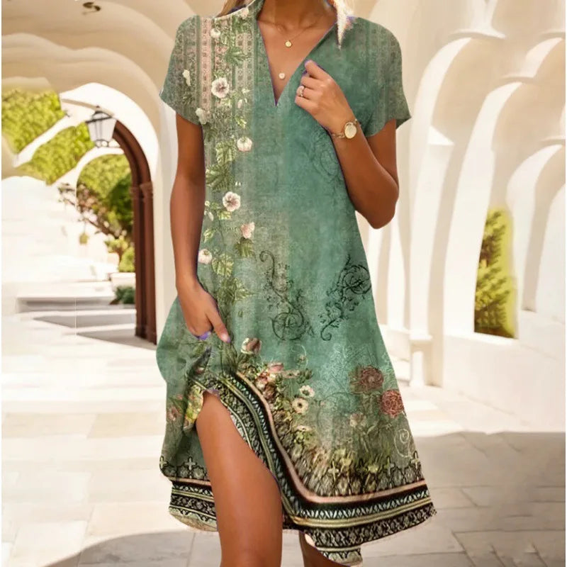 Leviana™ | Robe Fleurie à Col V et Boutonnage Élégant
