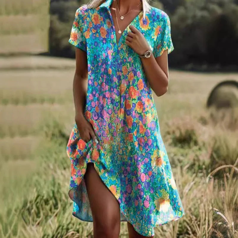 Leviana™ | Robe Fleurie à Col V et Boutonnage Élégant