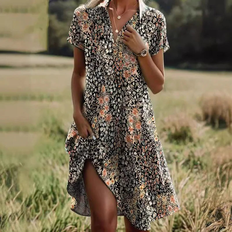 Leviana™ | Robe Fleurie à Col V et Boutonnage Élégant
