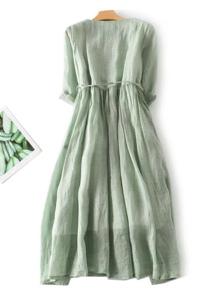 Arya - Robe Femme de Style Rétro avec Col Ronde et Lacs à la Taille