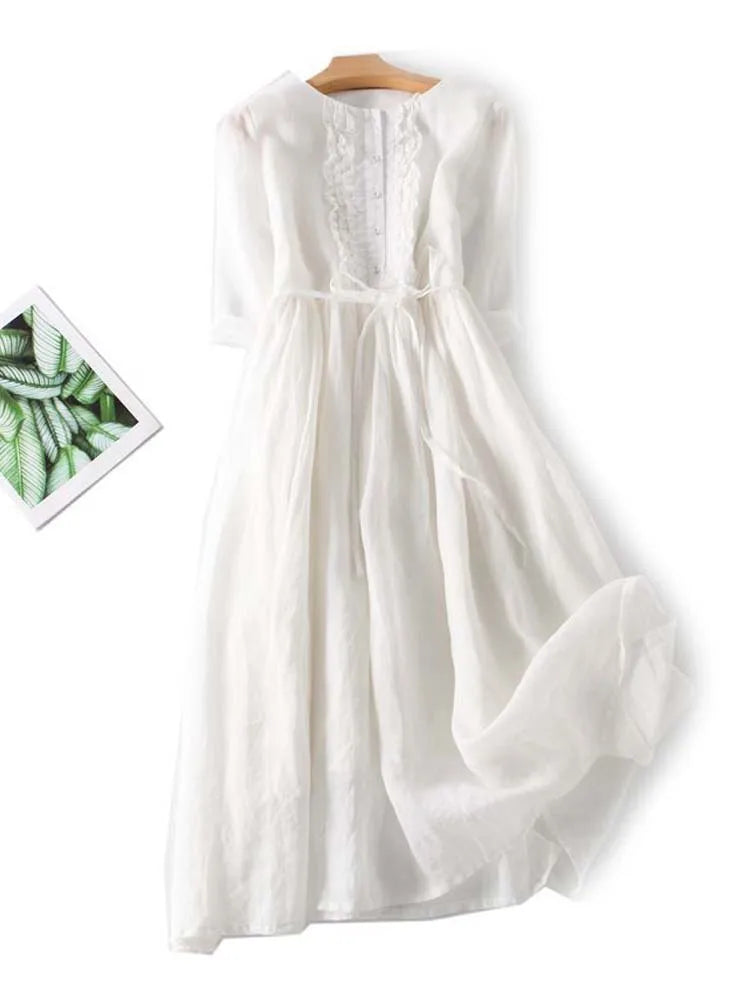 Arya - Robe Femme de Style Rétro avec Col Ronde et Lacs à la Taille