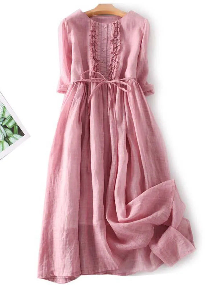 Arya - Robe Femme de Style Rétro avec Col Ronde et Lacs à la Taille